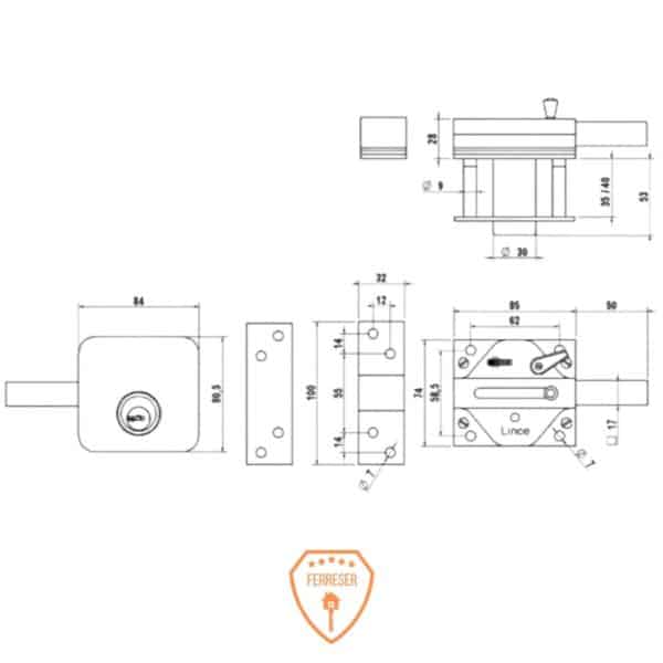 Imagen de medidas técnicas del cerrojo LINCE 7930TRAS