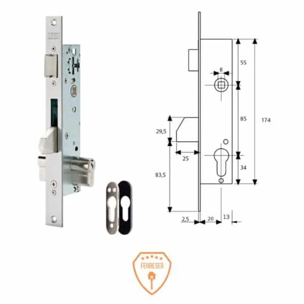 Imagen de la cerradura TESA serie 2210 con medidas técnicas.