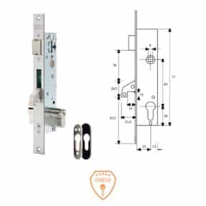 Imagen de la cerradura TESA serie 2240 con medidas técnicas.