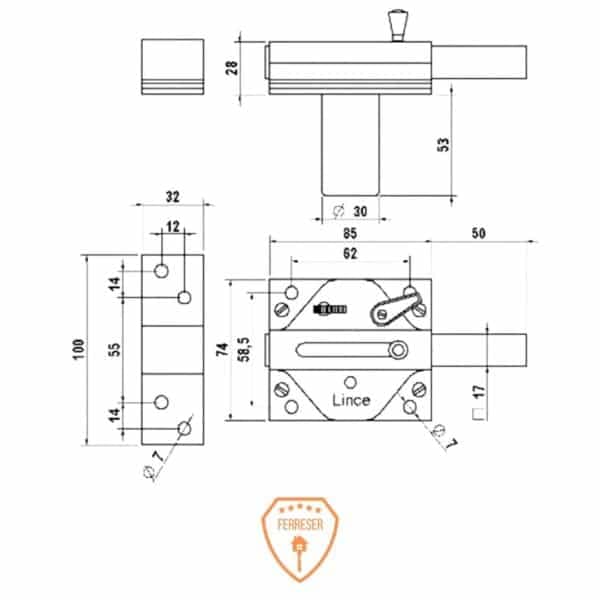 Imagen dibujos técnicos con medidas del cerrojo LINCE 7930R