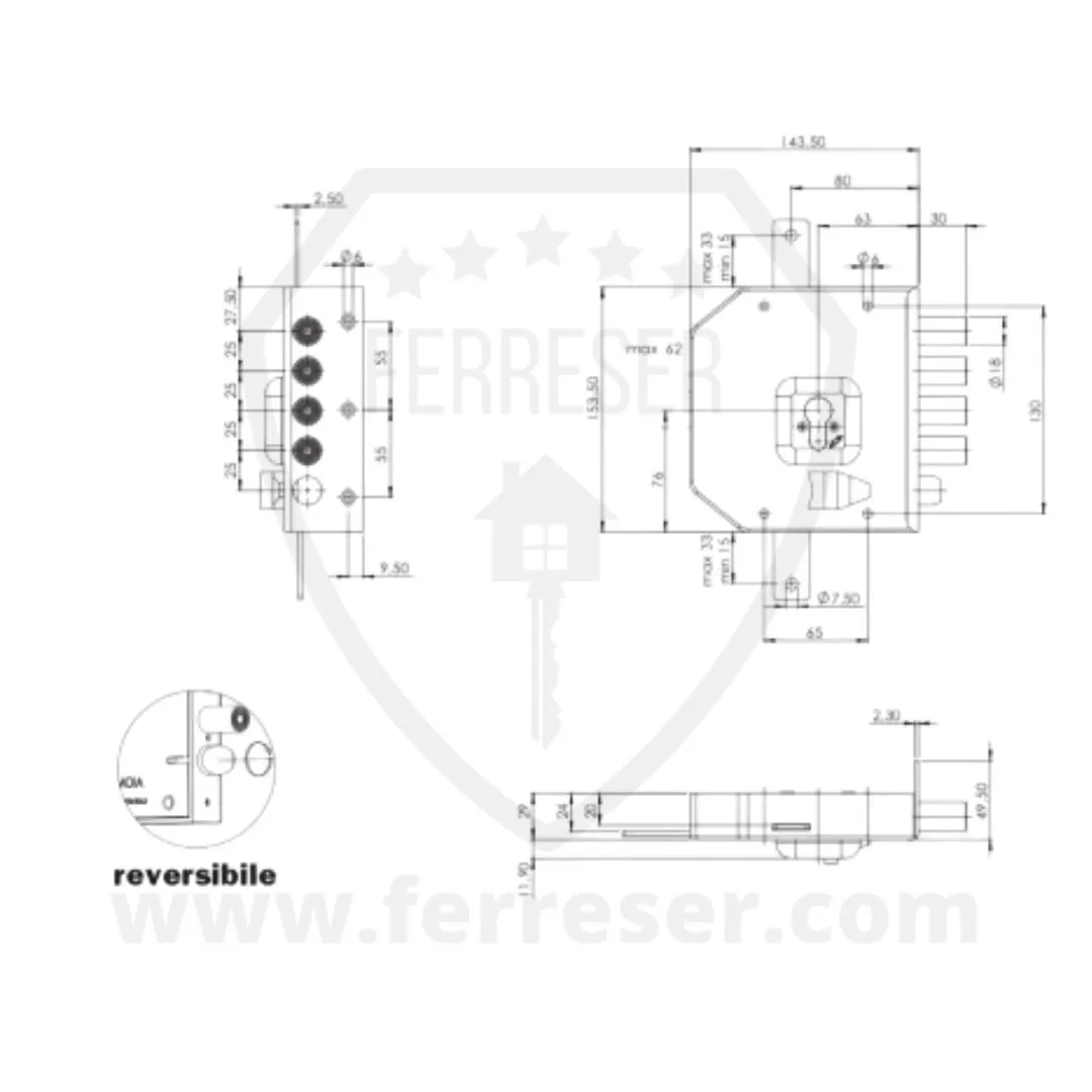 Cerradura Moia G454. Medidas 